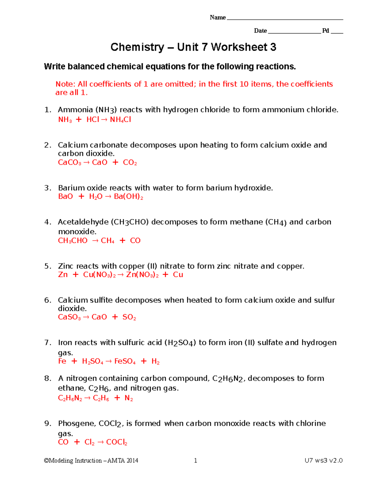06 Ws3 key East Name Date Pd Chemistry Unit 7 Worksheet 3 Write Balanced Chemical Equations Studocu 06 Ws3 key East Name Date Pd Chemistry Unit 7 Worksheet 3 Write Balanced Chemical Equations Studocu