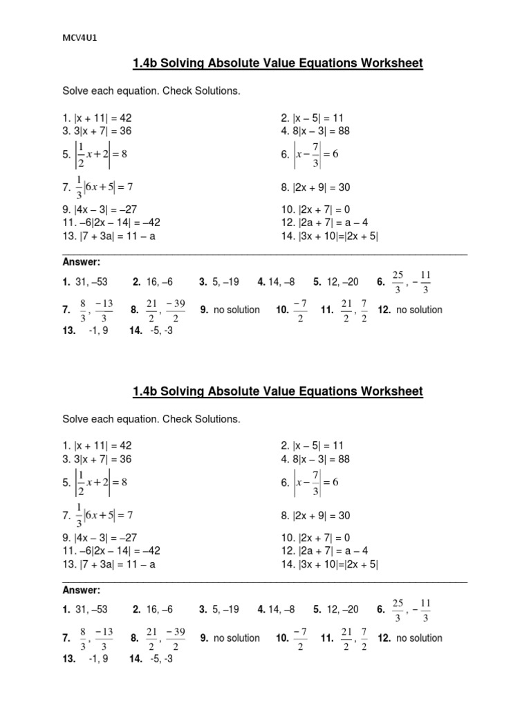 1 4b Solving Absolute Value Equations Worksheet PDF Equations Worksheets Library 1 4b Solving Absolute Value Equations Worksheet PDF Equations Worksheets Library