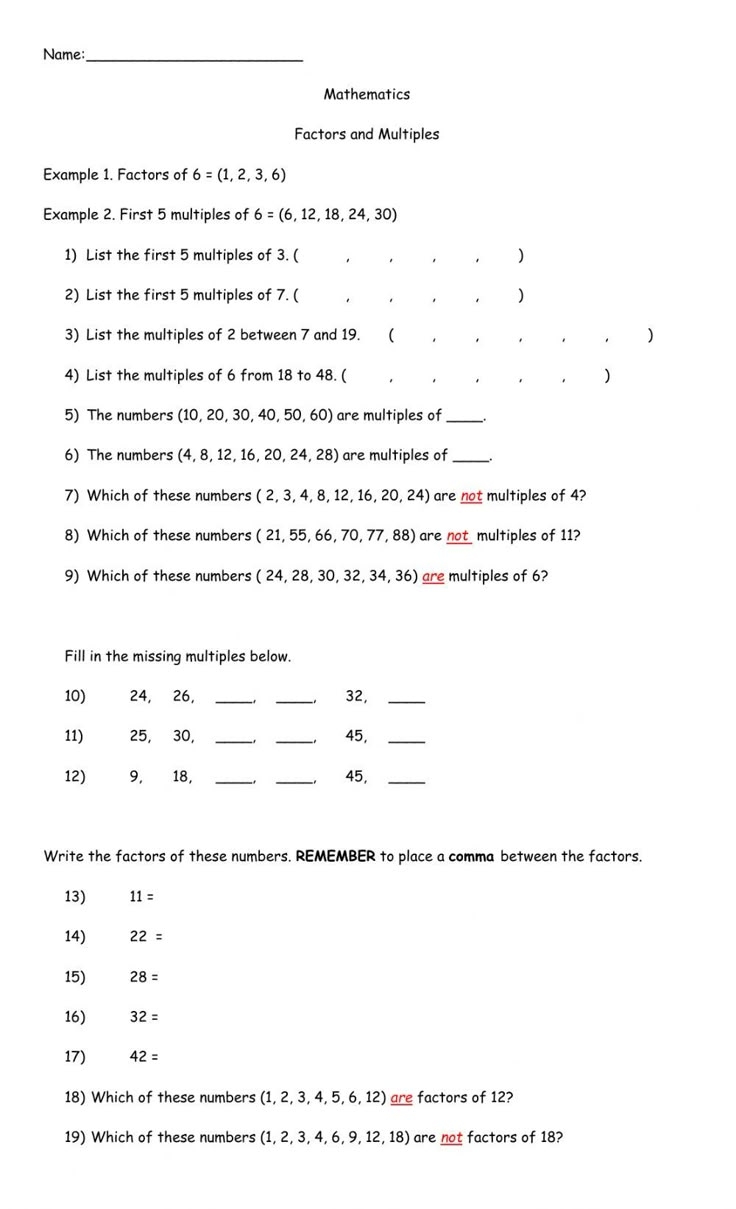 factors and multiples worksheet