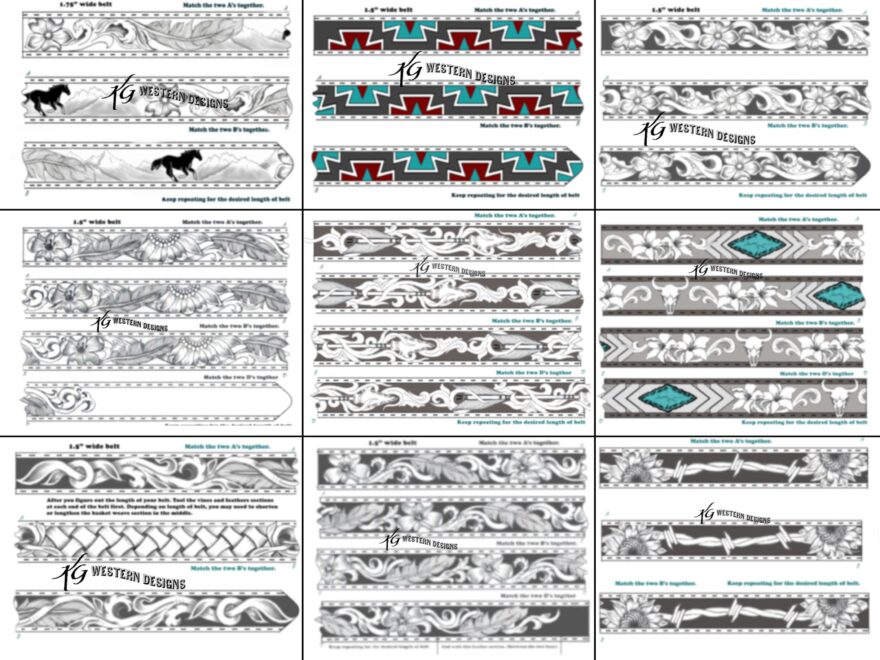 15 Pack Belt Patterns PDF Western Tooling Sunflowers Feathers Scrolls Cowskulls Flowers Barbwire Pattern Designs Download Etsy