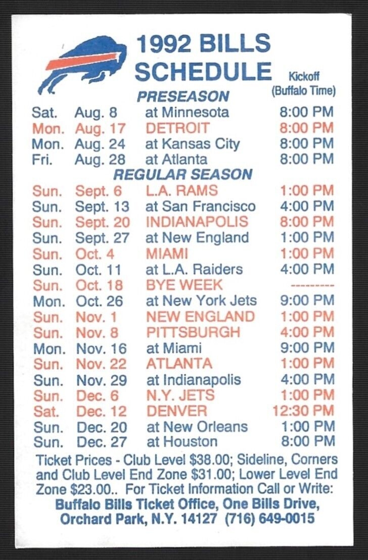 1992 Buffalo Bills NFL Football Schedule Marine Midland Bank EBay 1992 Buffalo Bills NFL Football Schedule Marine Midland Bank EBay