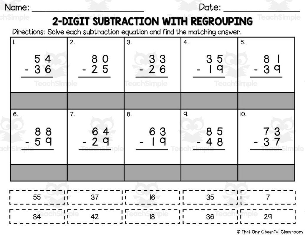 2 Digit Subtraction With Regrouping Matching Worksheet By Teach Simple 2 Digit Subtraction With Regrouping Matching Worksheet By Teach Simple