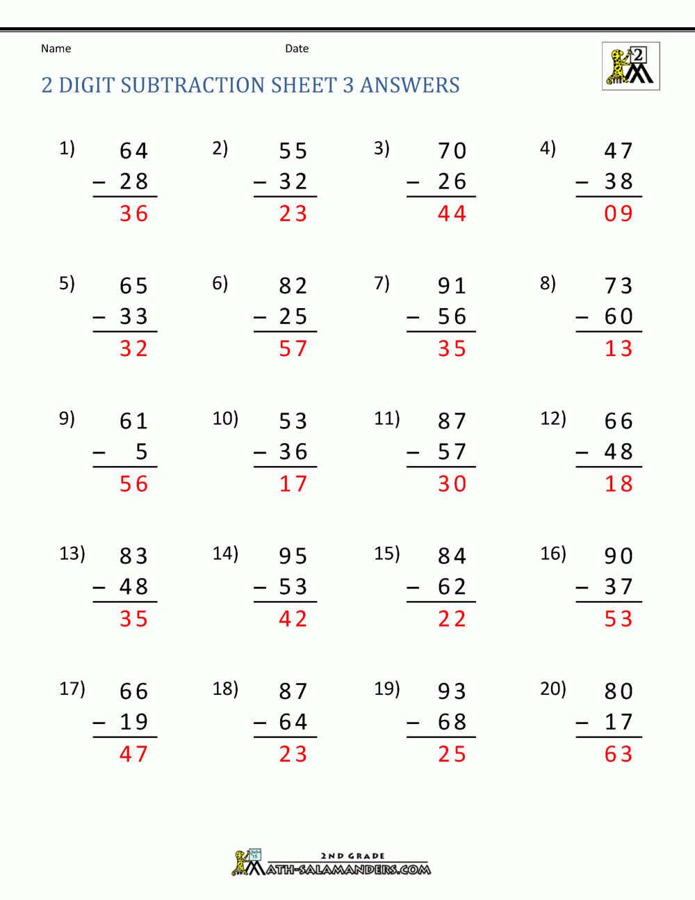 subtraction worksheets for grade 2