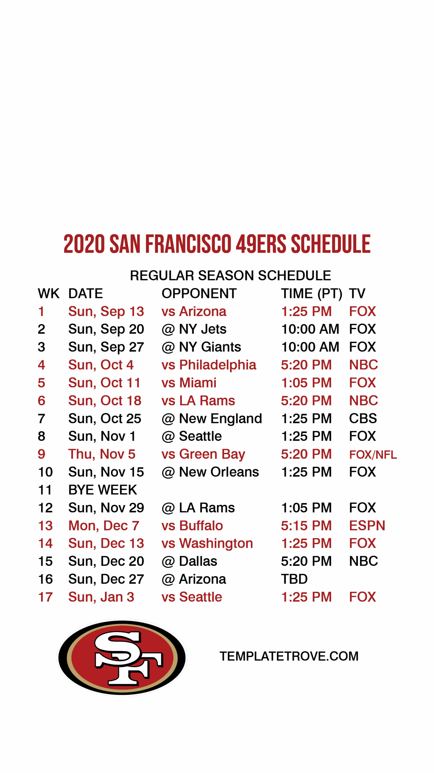 sf 49ers printable schedule sf 49ers printable schedule