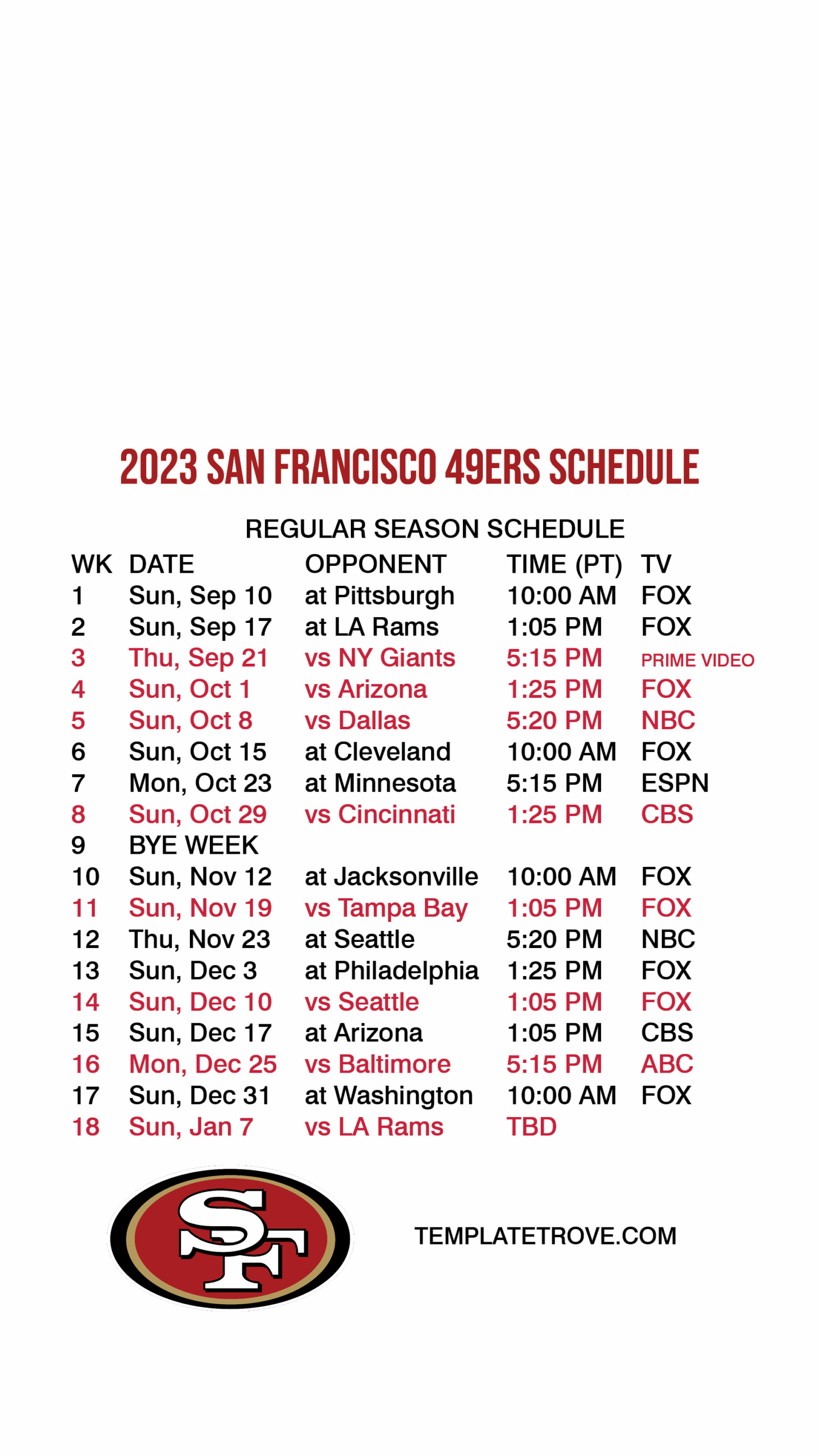 san francisco 49ers schedule printable