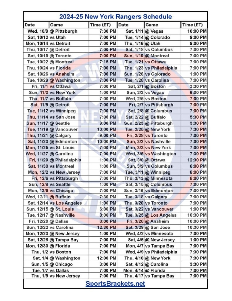 2024 25 NY Rangers Schedule Printable PDF Format Sports Brackets 2024 25 NY Rangers Schedule Printable PDF Format Sports Brackets