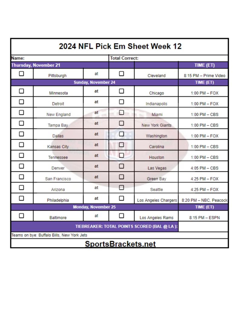 2024 NFL Pick Em Sheet Week 12 Printable PDF Format Sports Brackets 2024 NFL Pick Em Sheet Week 12 Printable PDF Format Sports Brackets