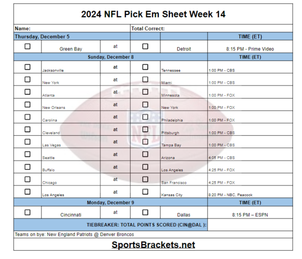 2024 NFL Pick Em Sheet Week 14 Printable PDF Format Sports Brackets 2024 NFL Pick Em Sheet Week 14 Printable PDF Format Sports Brackets