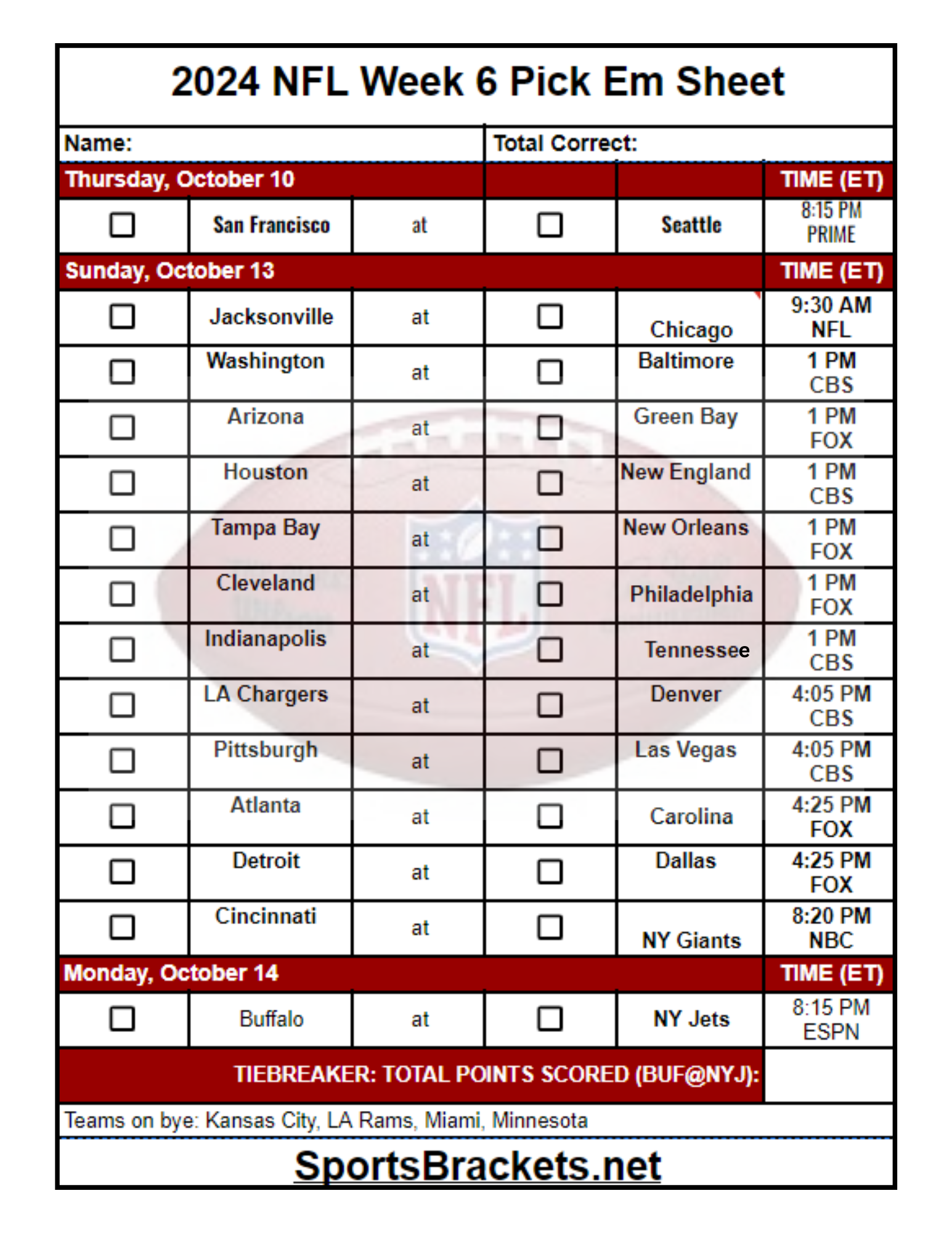 week 6 nfl schedule printable
