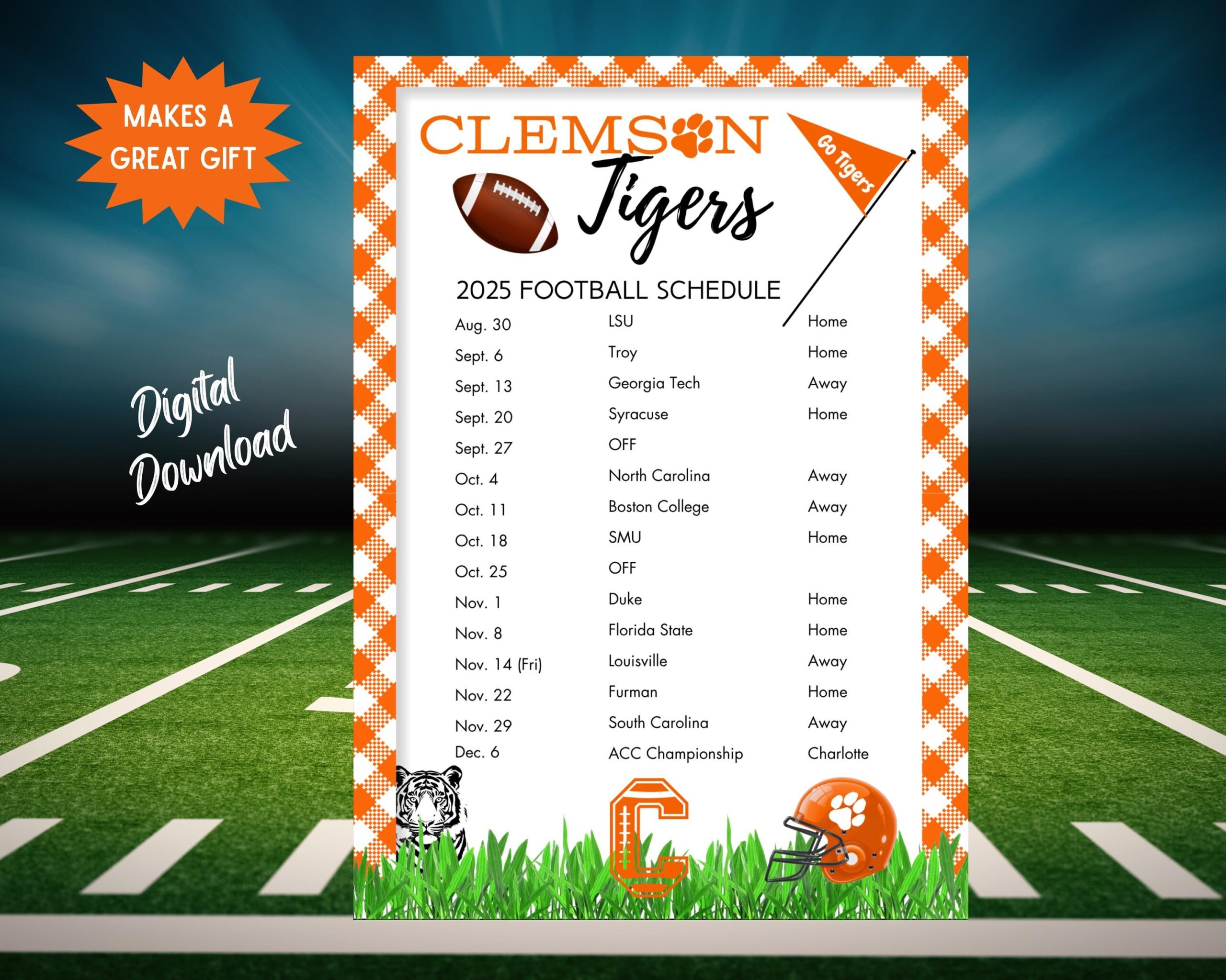 2025 Clemson University Football Schedule Clemson Tigers Football Games Printable Schedule Instant Download Tiger Paw Etsy
