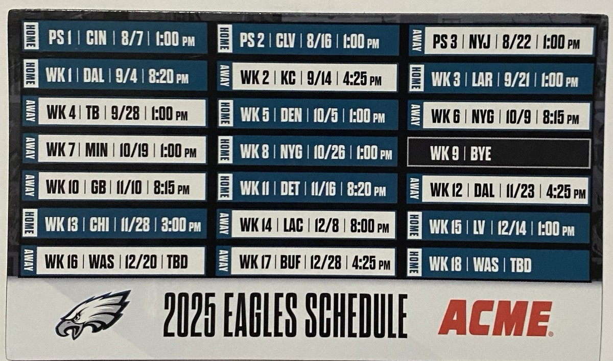2025 PHILADELPHIA EAGLES Schedule NFL Football Sked COOL MAGNET NEW EBay 2025 PHILADELPHIA EAGLES Schedule NFL Football Sked COOL MAGNET NEW EBay
