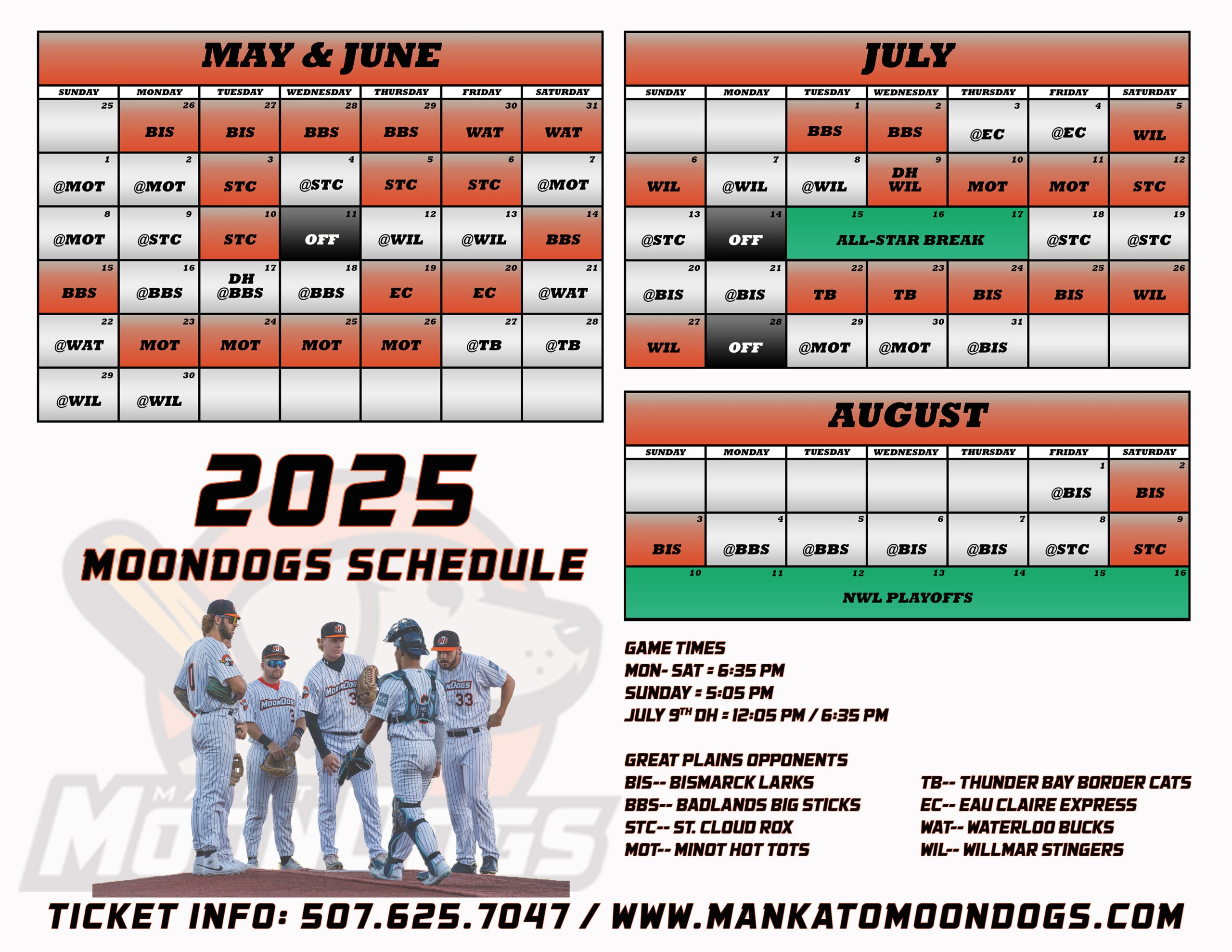 2025 Printable Schedule Mankato MoonDogs