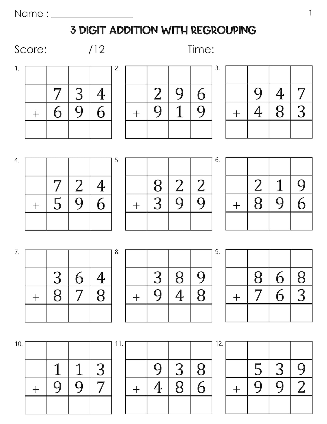 3 Digit Addition With Regrouping Worksheets Etsy