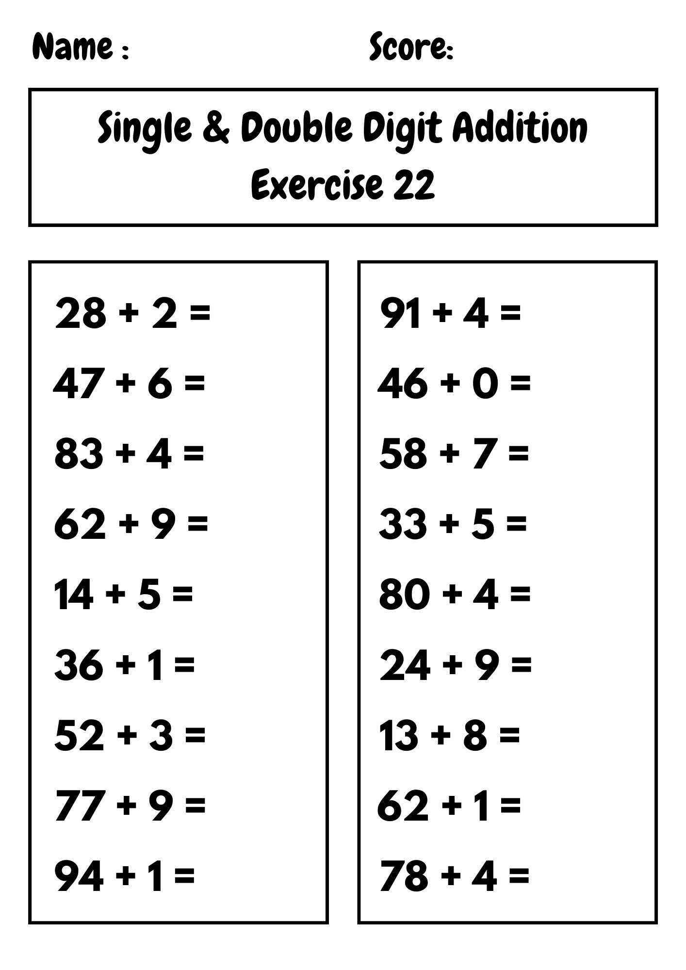 30 Printable Double Single Digit Addition Worksheets Preschool 2nd Grade Math Etsy