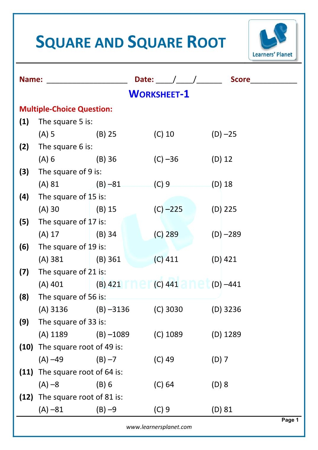 squares and square roots worksheet