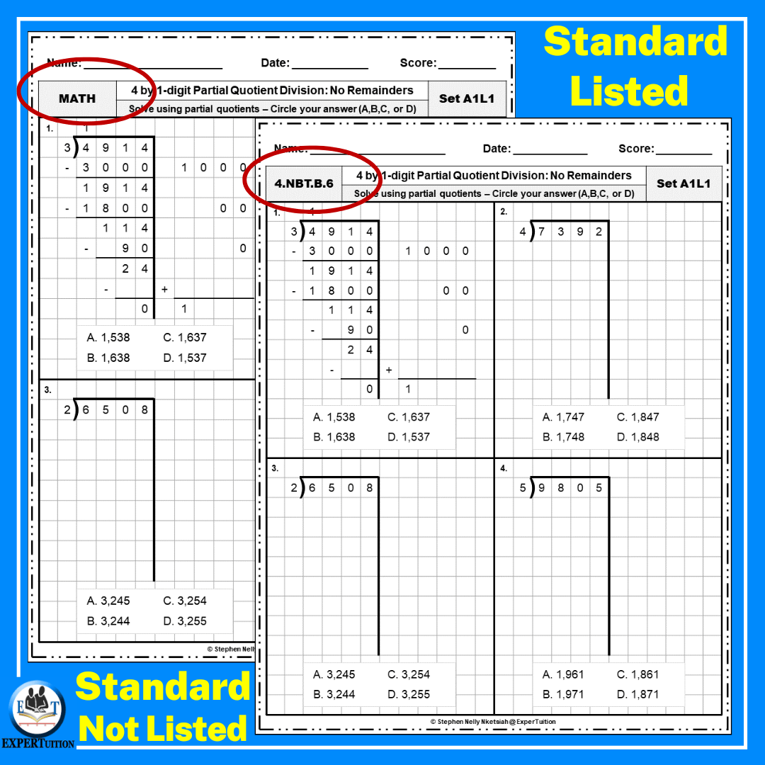 4 Digit By 1 Partial Quotients Division Grade 4 Worksheets ExperTuition