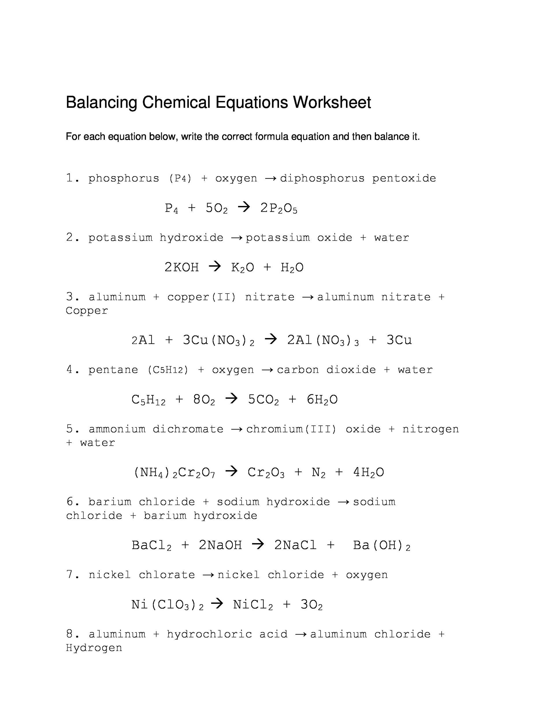 49 Balancing Chemical Equations Worksheets with Answers 49 Balancing Chemical Equations Worksheets with Answers