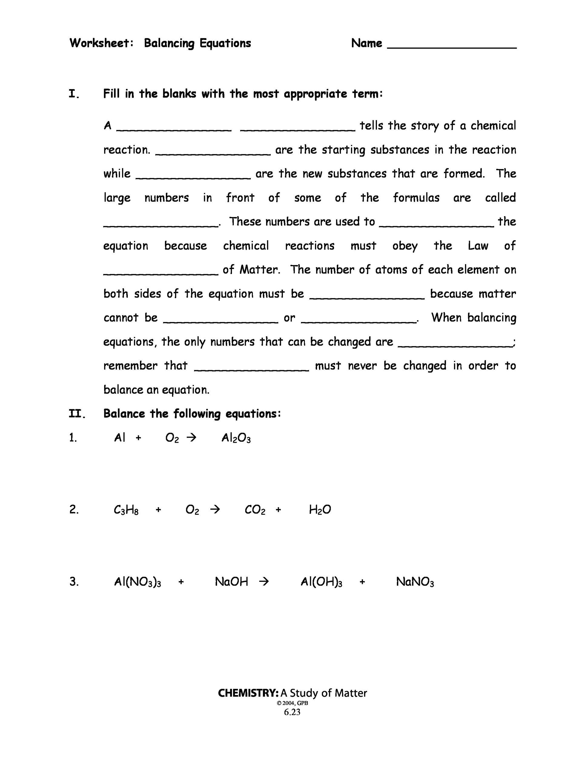 balancing chemical reactions worksheet