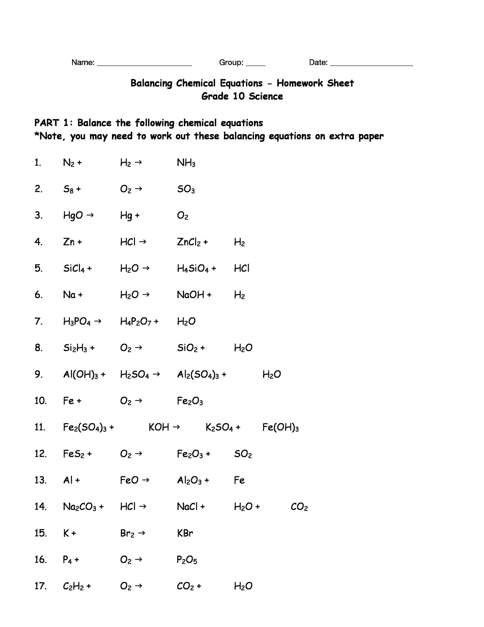 balancing chemical equations worksheet