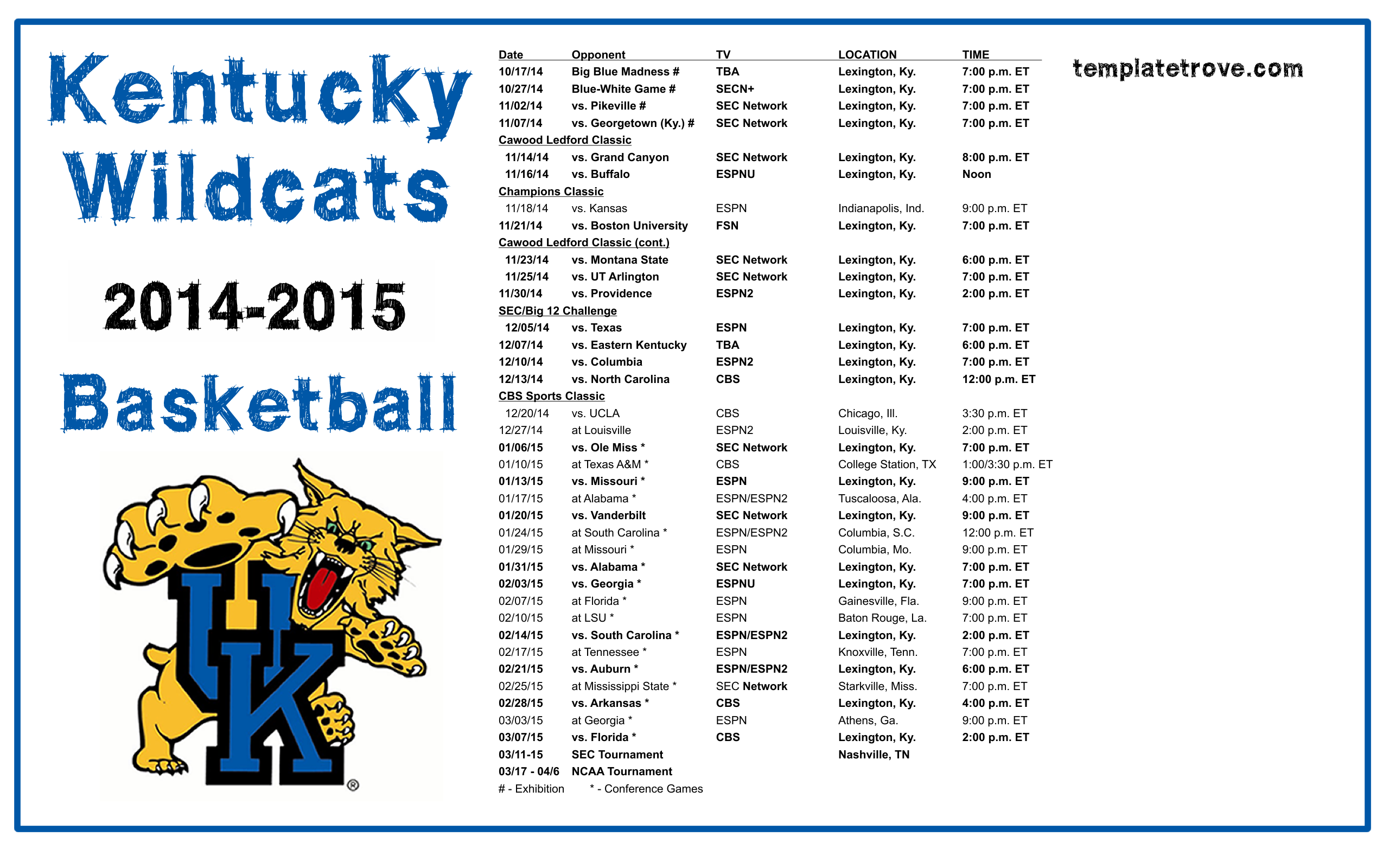 kentucky wildcats basketball schedule printable