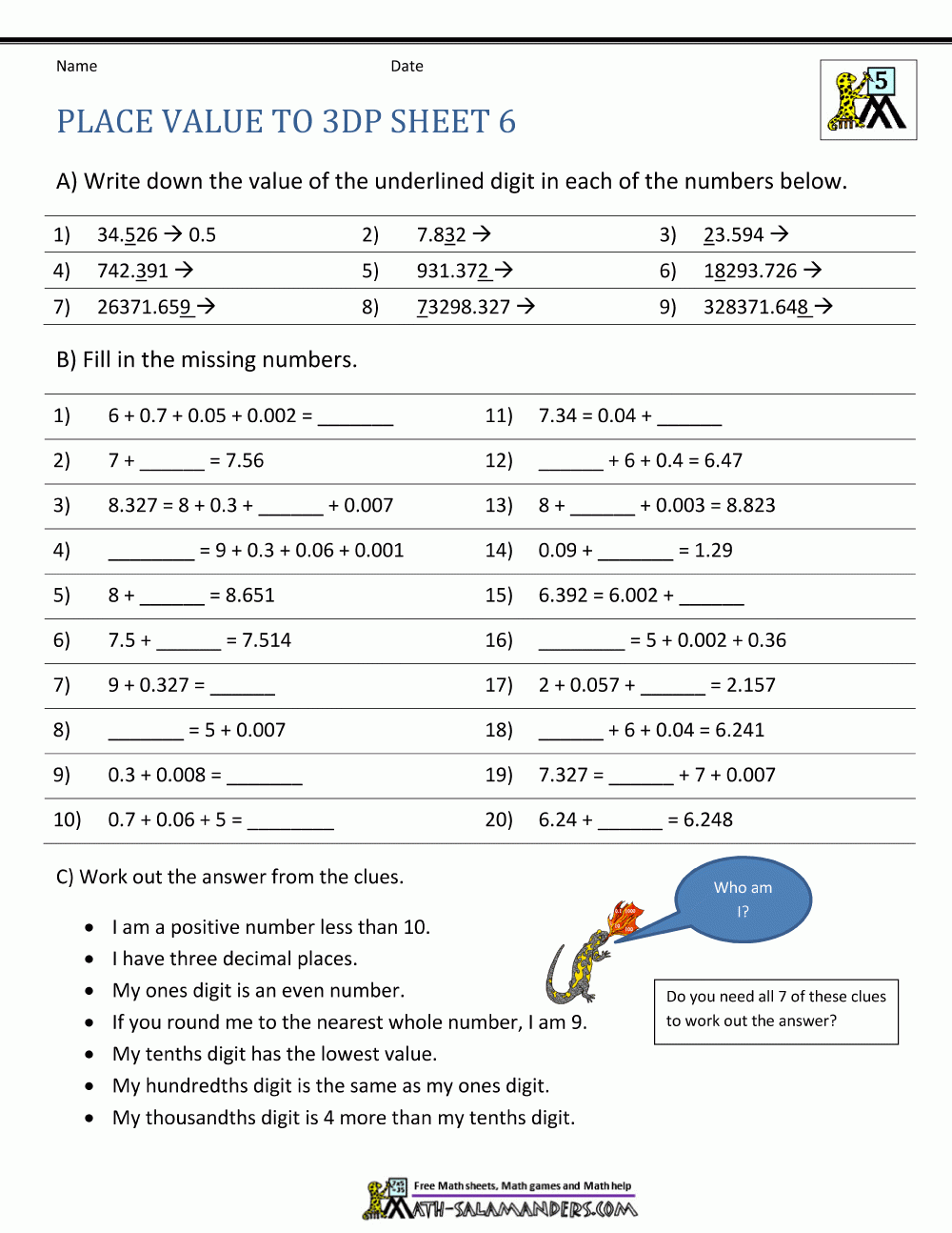 5th grade decimal place value worksheets