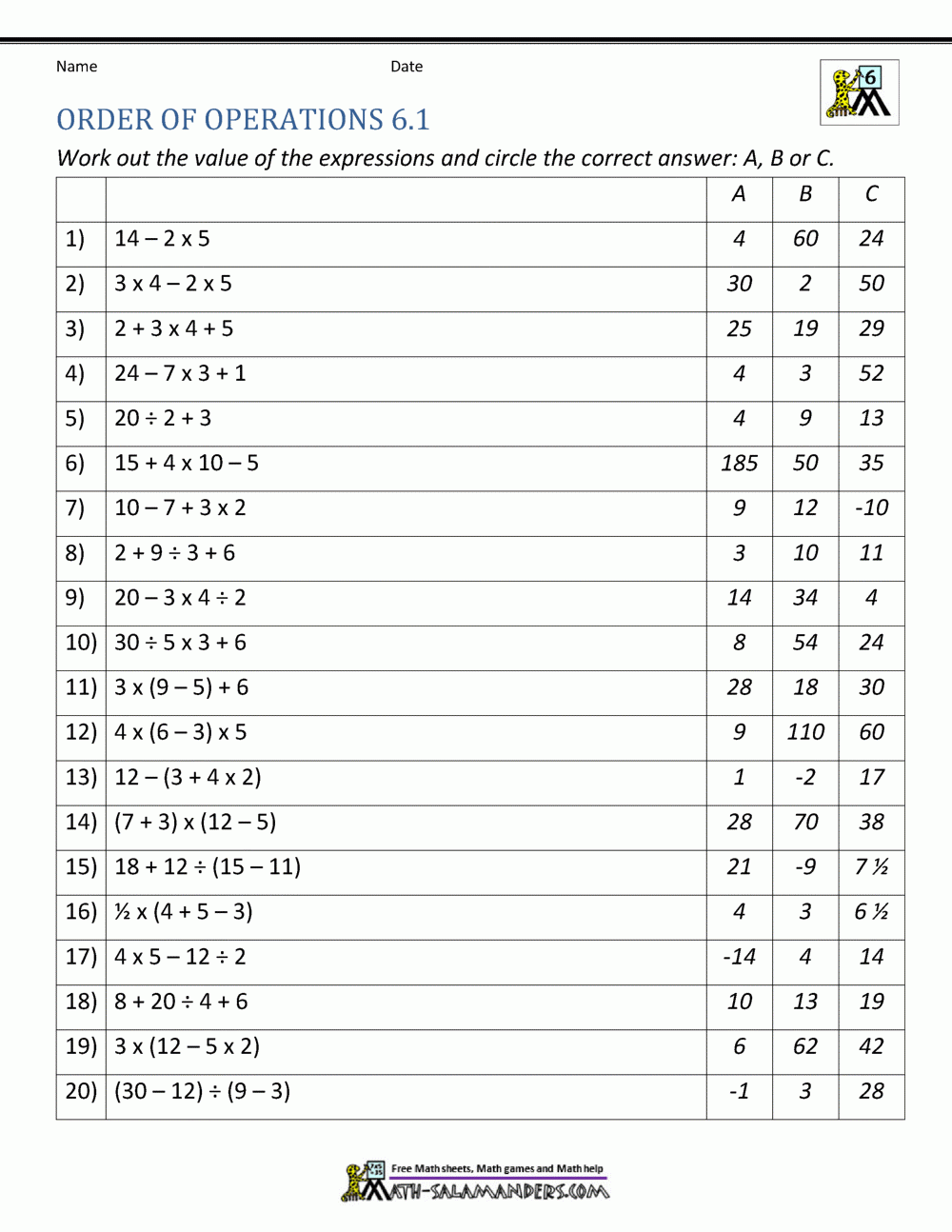 6th Grade Order Of Operations Worksheets 6th Grade Order Of Operations Worksheets