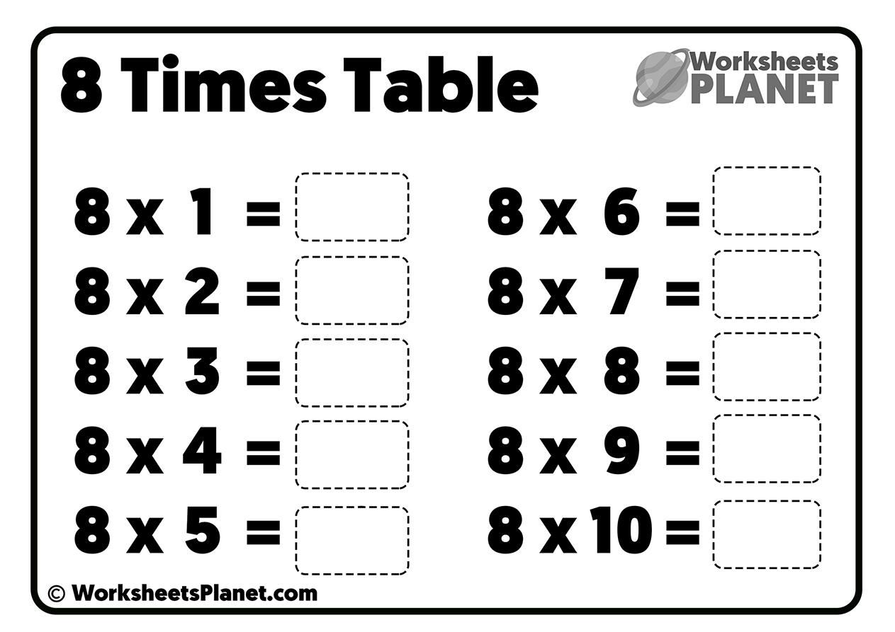 8 Times Table Worksheet