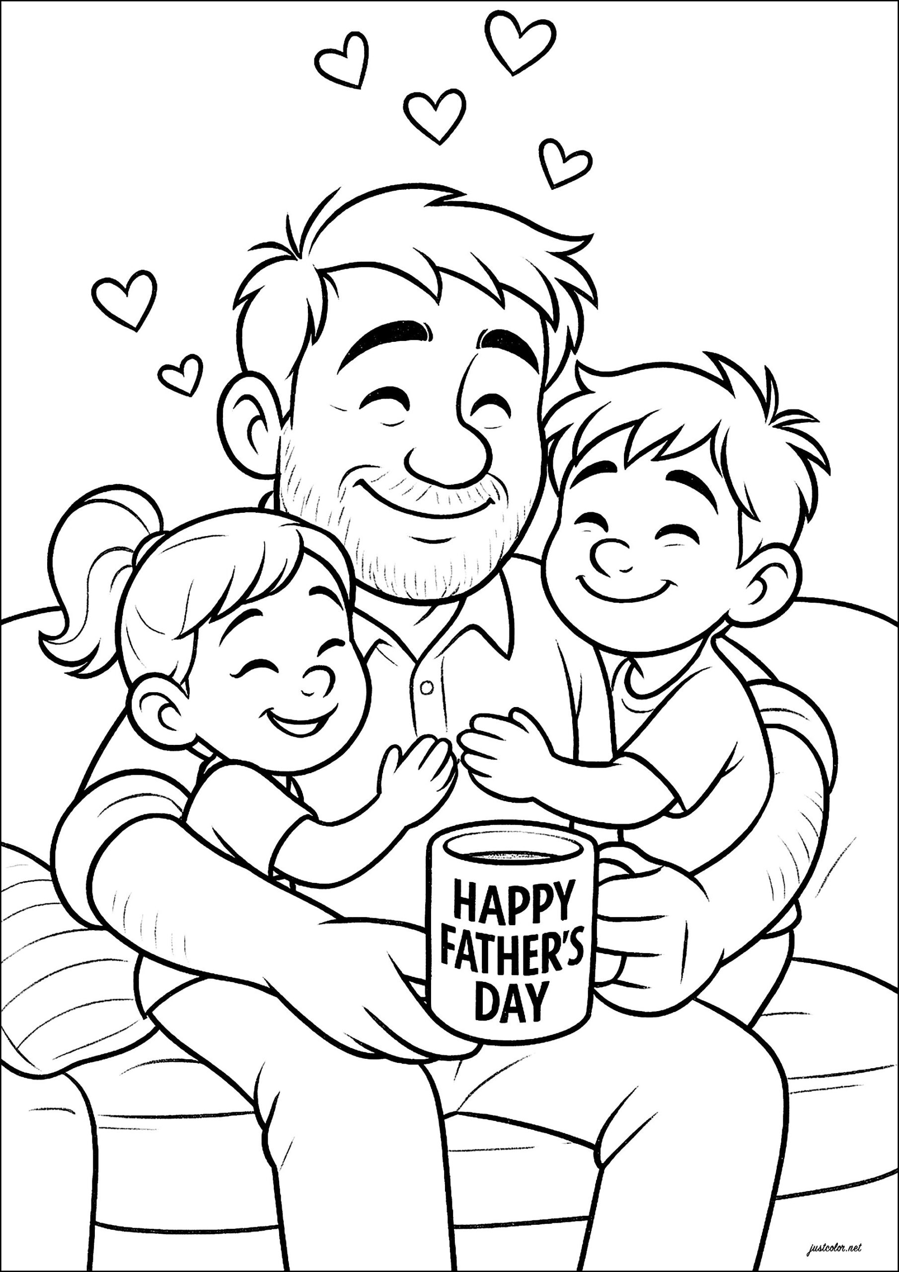 A Father Well Supported By His Two Children Father s Day Coloring Pages