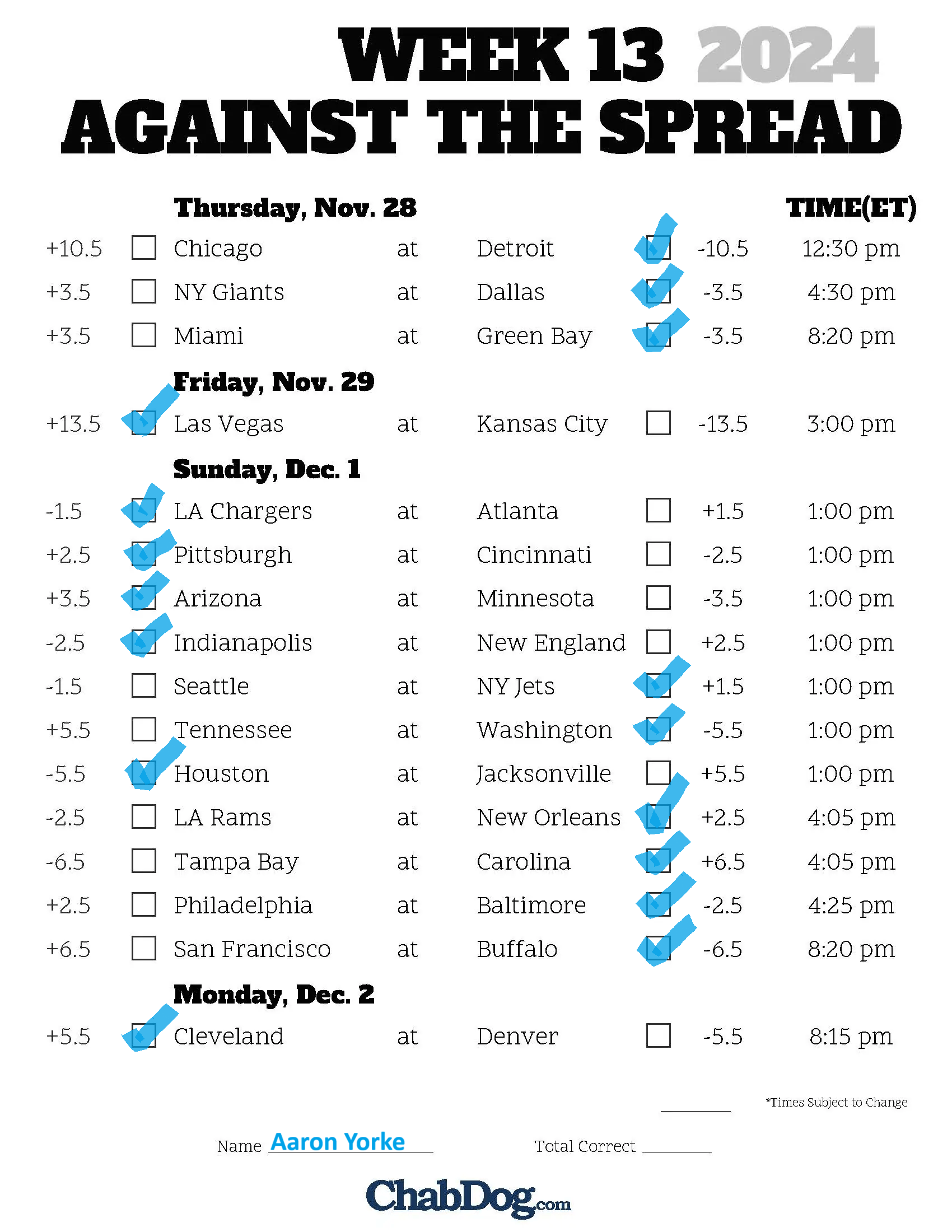 Aaron s Week 13 NFL Picks ChabDog Sports Talk Aaron s Week 13 NFL Picks ChabDog Sports Talk