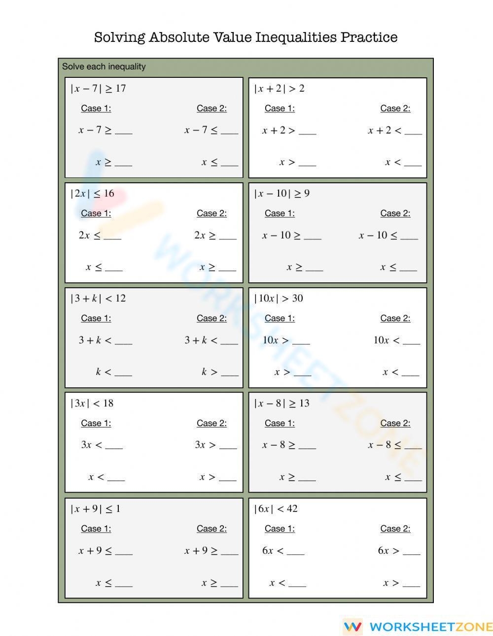 Absolute Value Inequalities Worksheet