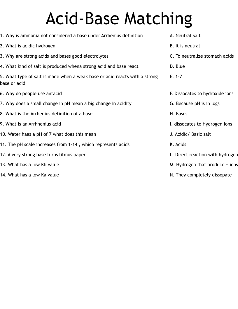 Acid Base Matching Worksheet WordMint Acid Base Matching Worksheet WordMint