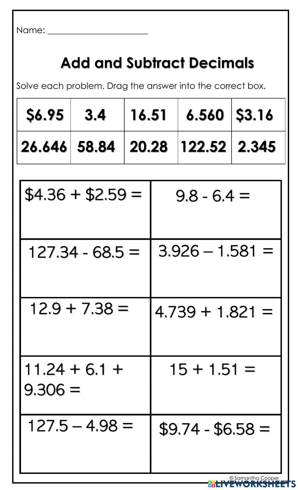 adding subtracting decimals worksheet adding subtracting decimals worksheet