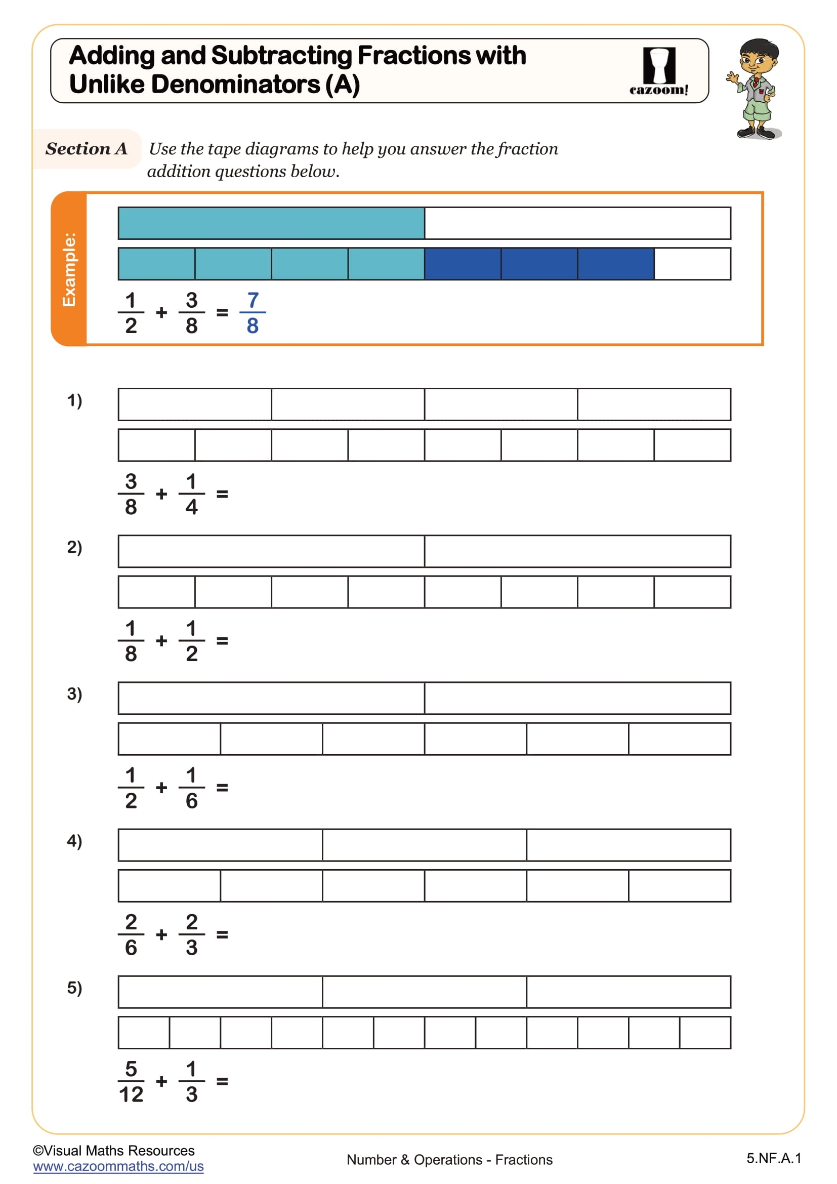 Add And Subtract Fractions With Unlike Denominators A Worksheet Printable PDF 5th Grade Number Operations Worksheet Cazoom Math