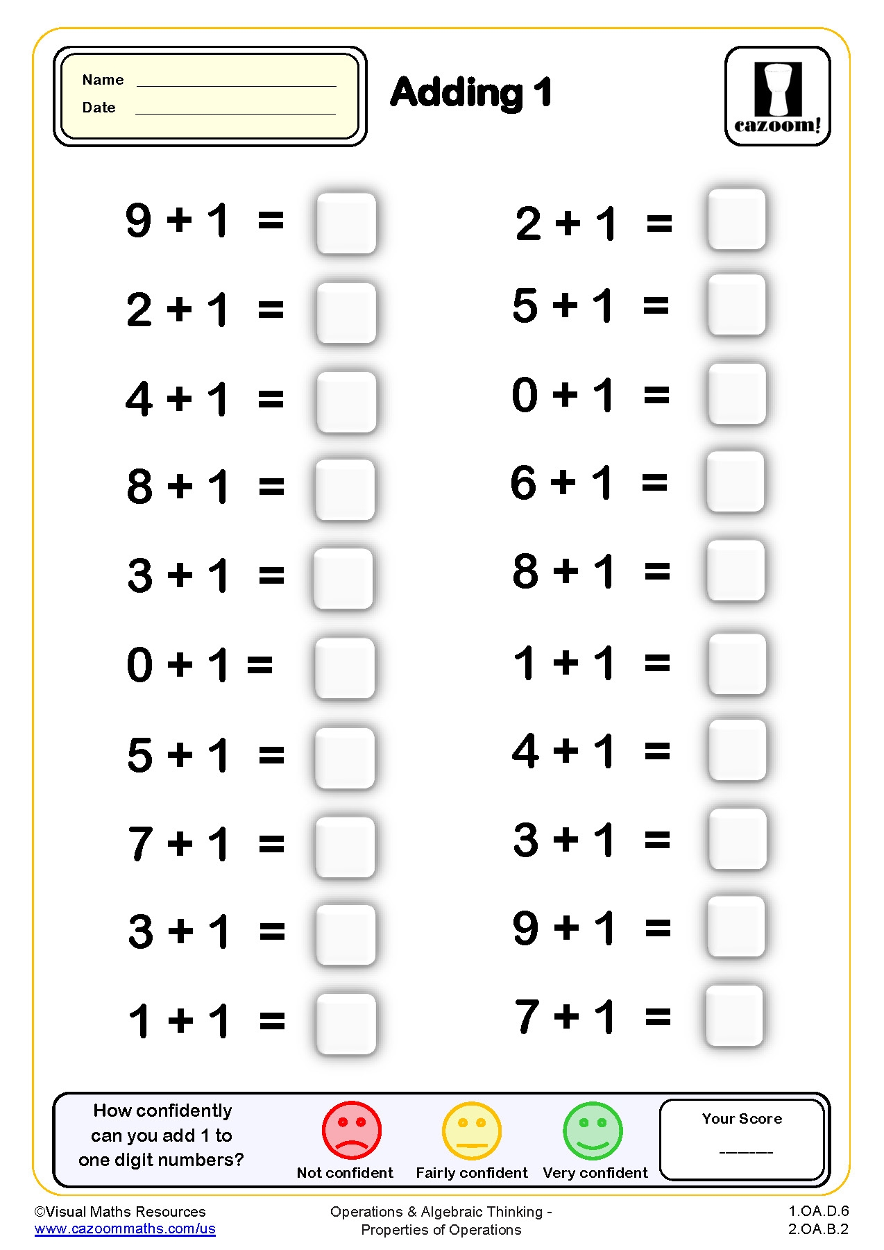 Adding 1 Drills Worksheet 20 Questions Grade 1 PDF Addition Worksheets Cazoom Math