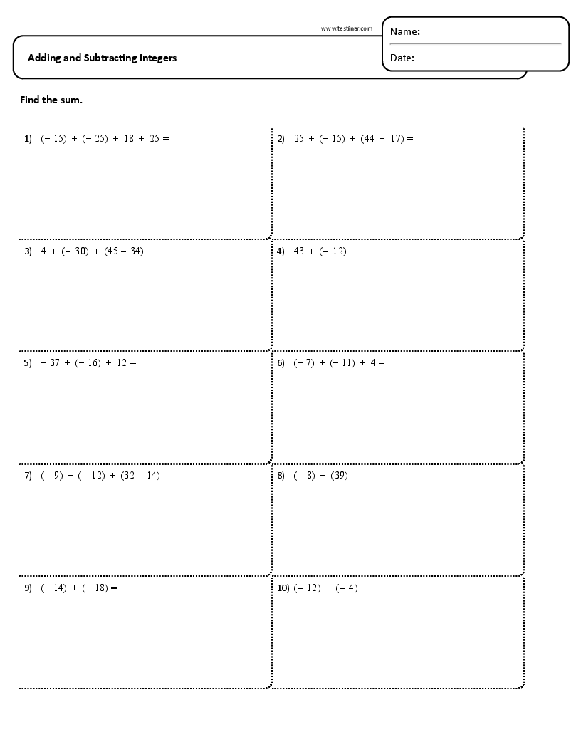 Adding And Subtracting Integers Worksheets Adding And Subtracting Integers Worksheets