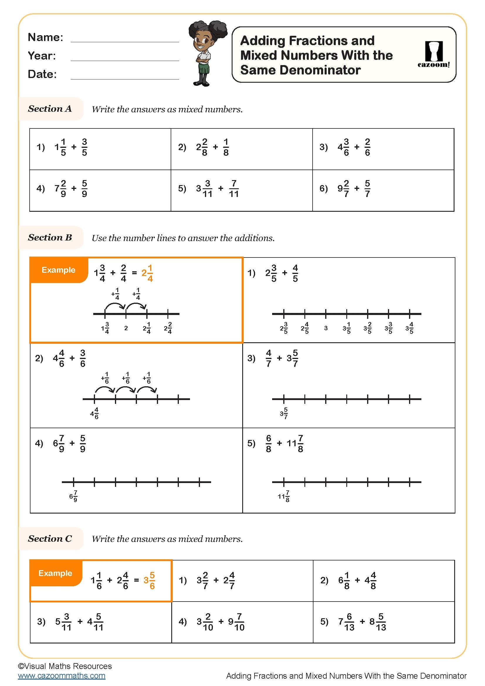 Adding Fractions And Mixed Numbers With The Same Denominator Worksheet Fun And Engaging Year 4 PDF Worksheets
