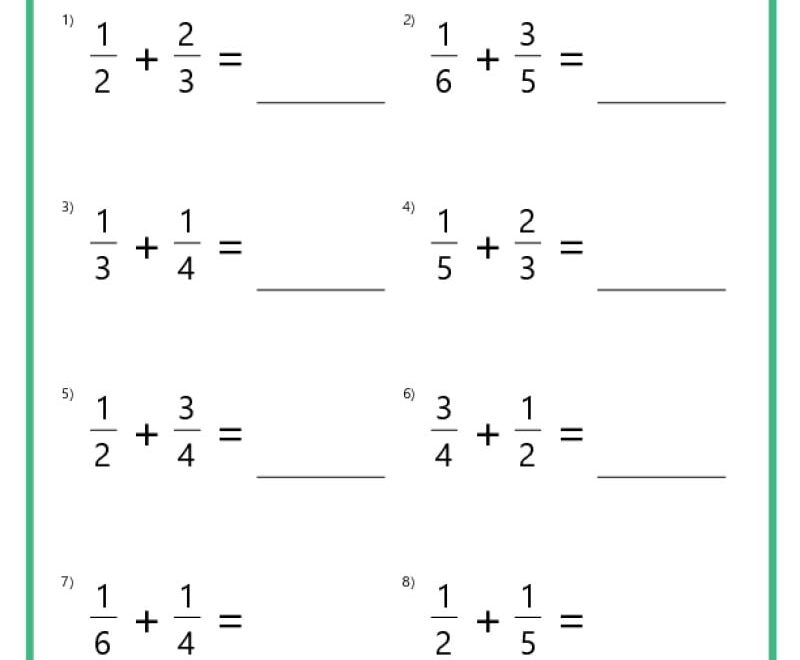 Adding Fractions With Unlike Denominators Worksheets