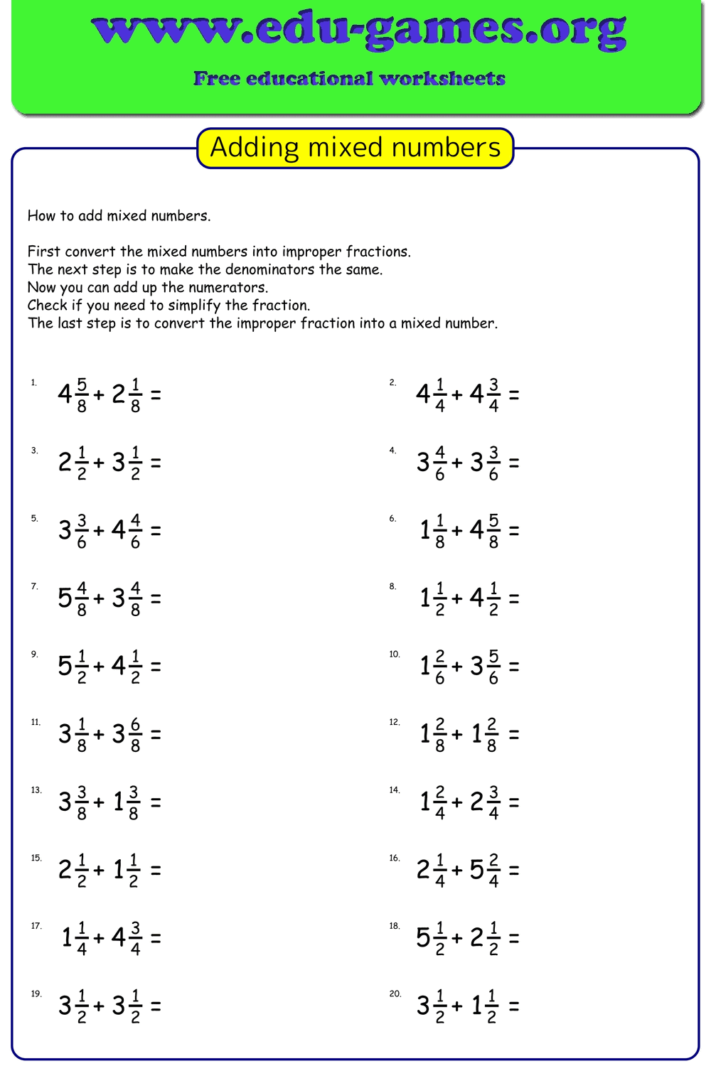 Adding Mixed Numbers Worksheets Edu games 