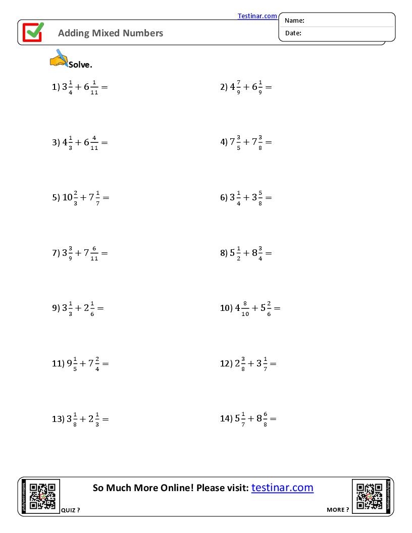 Adding Mixed Numbers Worksheets