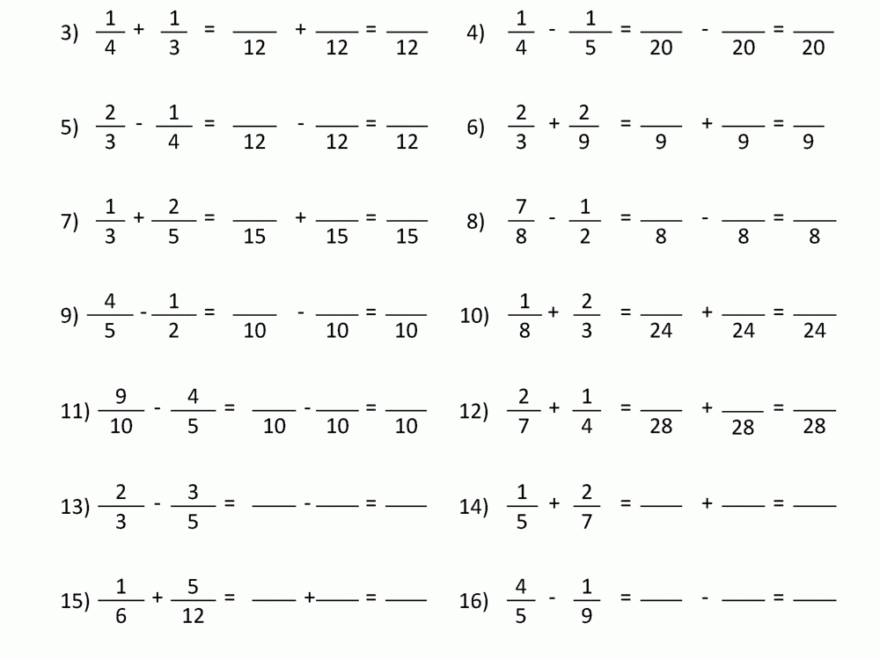 Adding Subtracting Fractions Worksheets