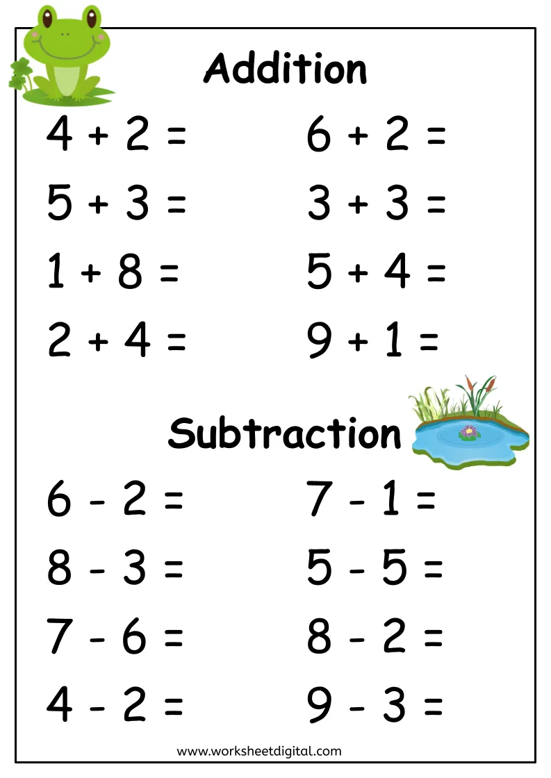 addition and subtraction worksheets for kindergarten