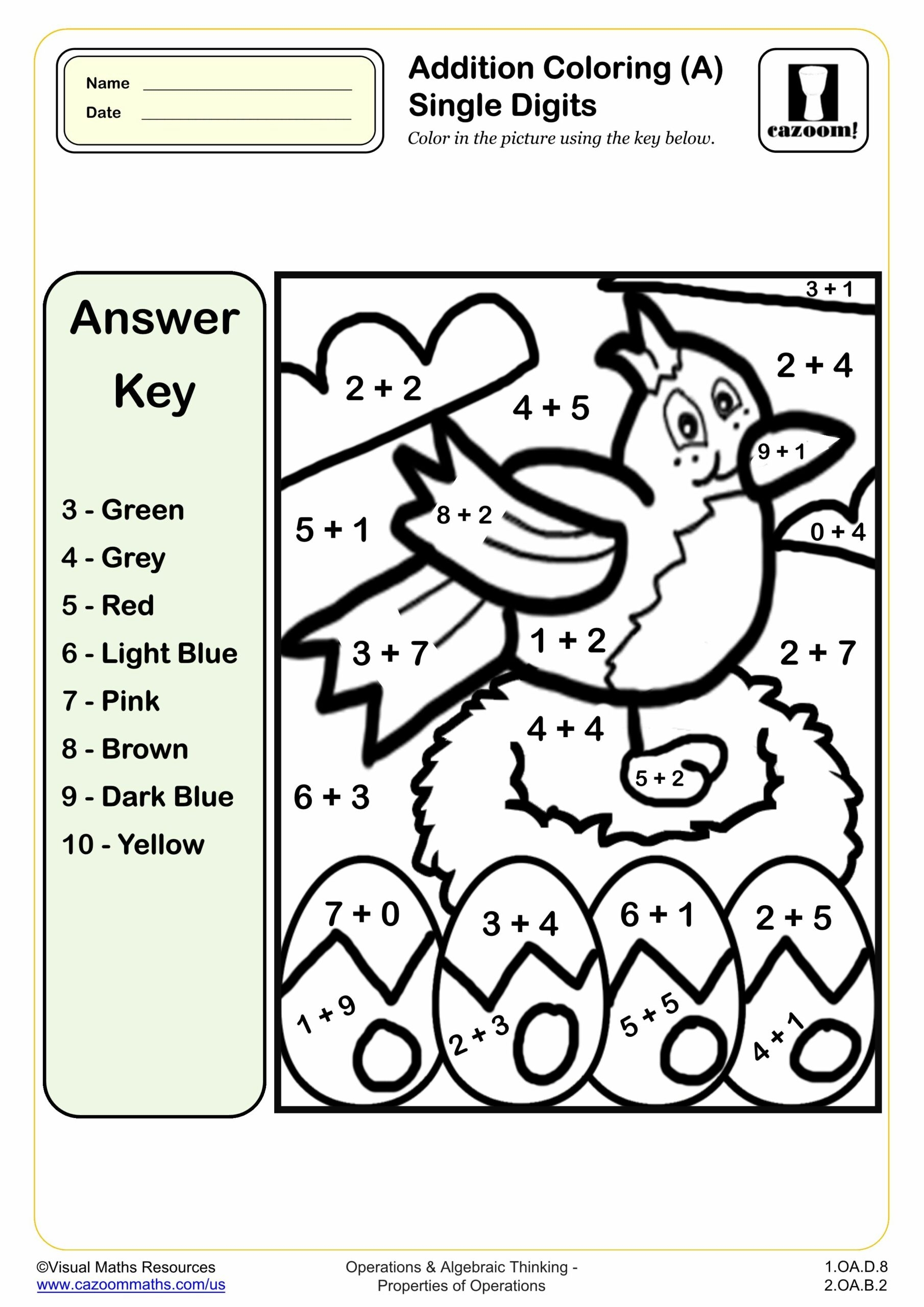 Addition Coloring A Single Digits 1st Grade PDF Addition Worksheets Cazoom Math