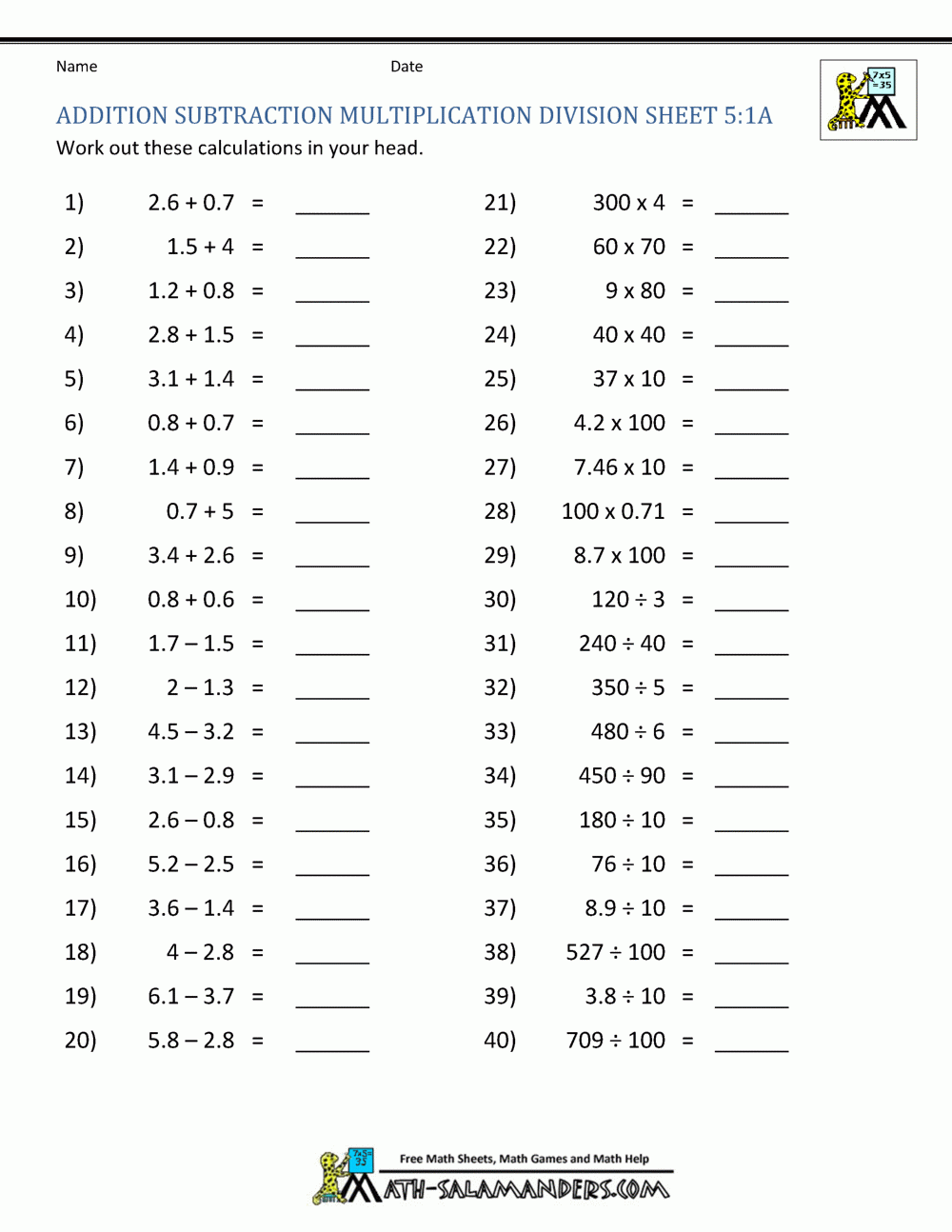 Addition Subtraction Multiplication Division Worksheets Addition Subtraction Multiplication Division Worksheets