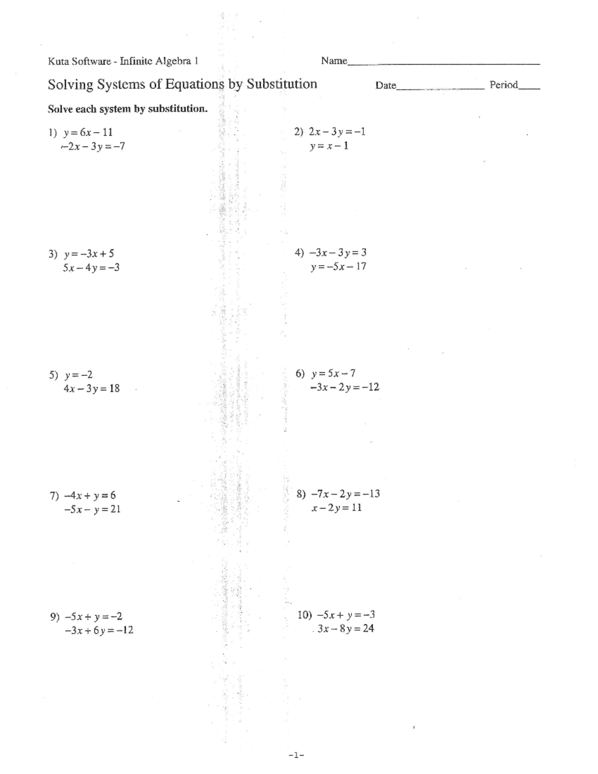 Algebra 1 Substitution Worksheet For Solving Systems Of Equations Studocu Algebra 1 Substitution Worksheet For Solving Systems Of Equations Studocu