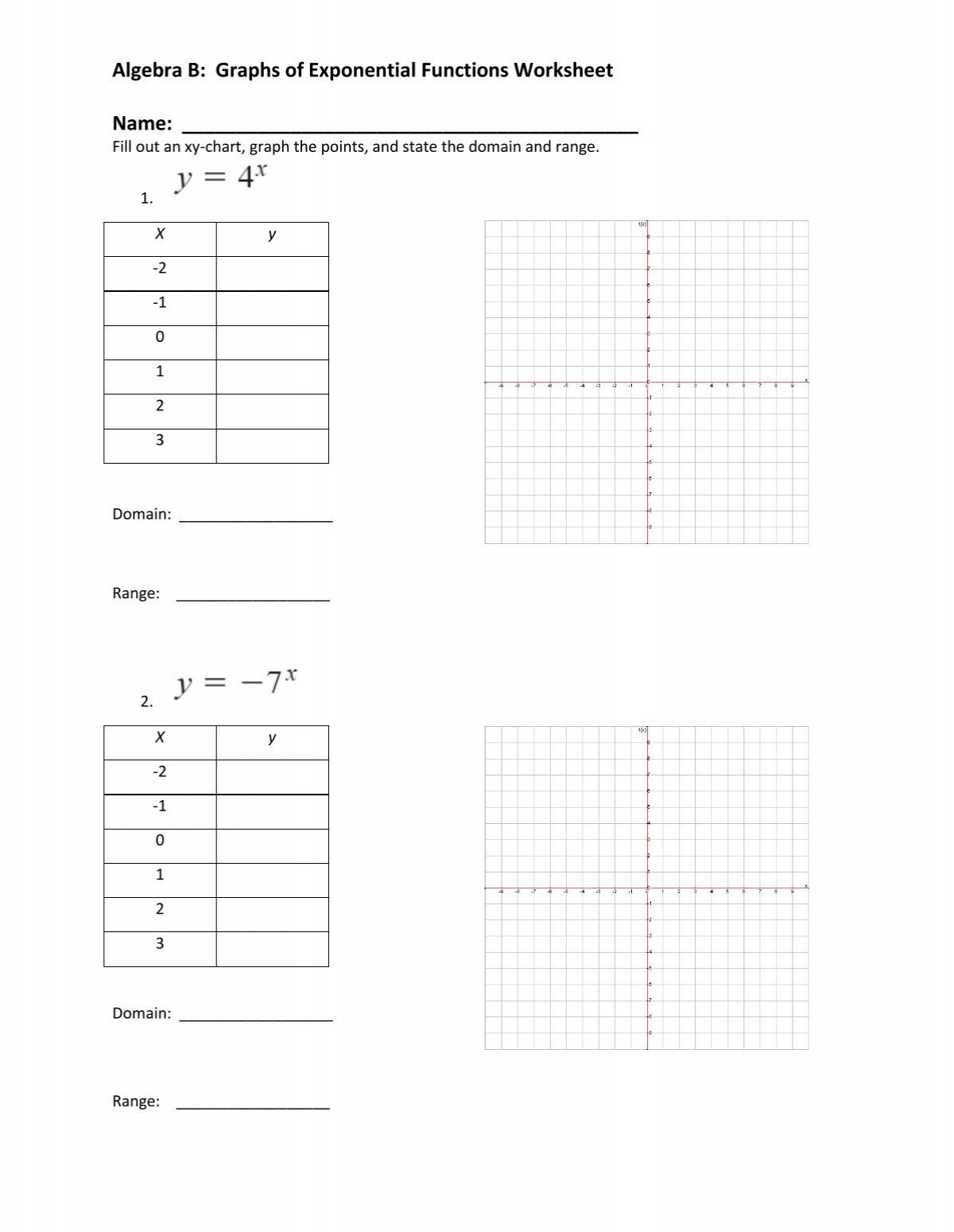 exponential functions worksheet graph the functions