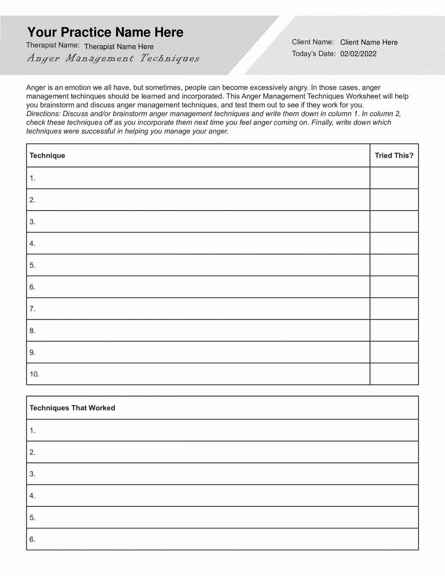 Anger Management Techniques Worksheet Editable Fillable Printable PDF TherapyByPro Anger Management Techniques Worksheet Editable Fillable Printable PDF TherapyByPro