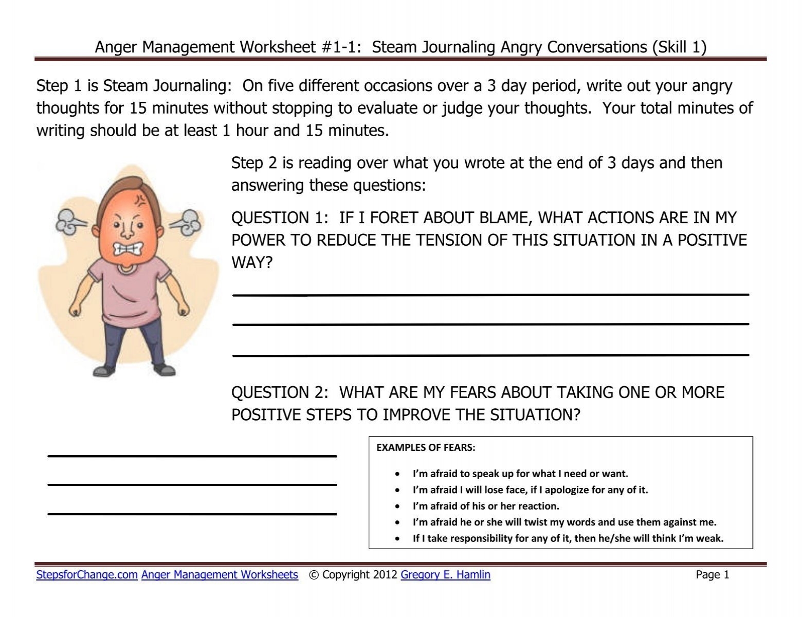 Anger Management Worksheet 1 1 Steam Steps For Change Anger Management Worksheet 1 1 Steam Steps For Change