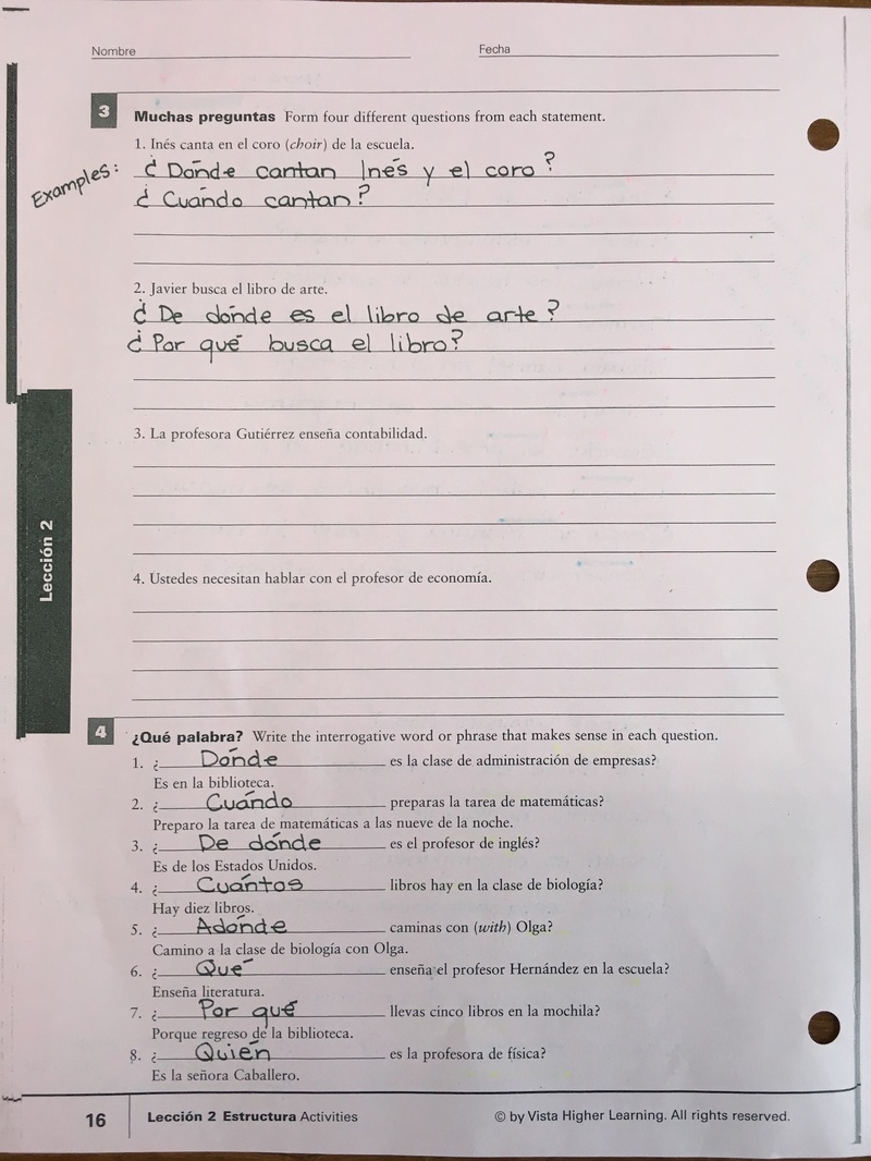 Answer Key Forming Questions In Spanish Skyline High School Spanish