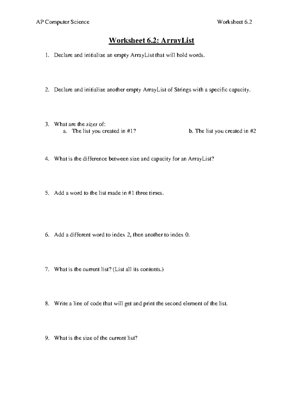 AP Computer Science Worksheet 6 2 Understanding ArrayLists Studocu AP Computer Science Worksheet 6 2 Understanding ArrayLists Studocu