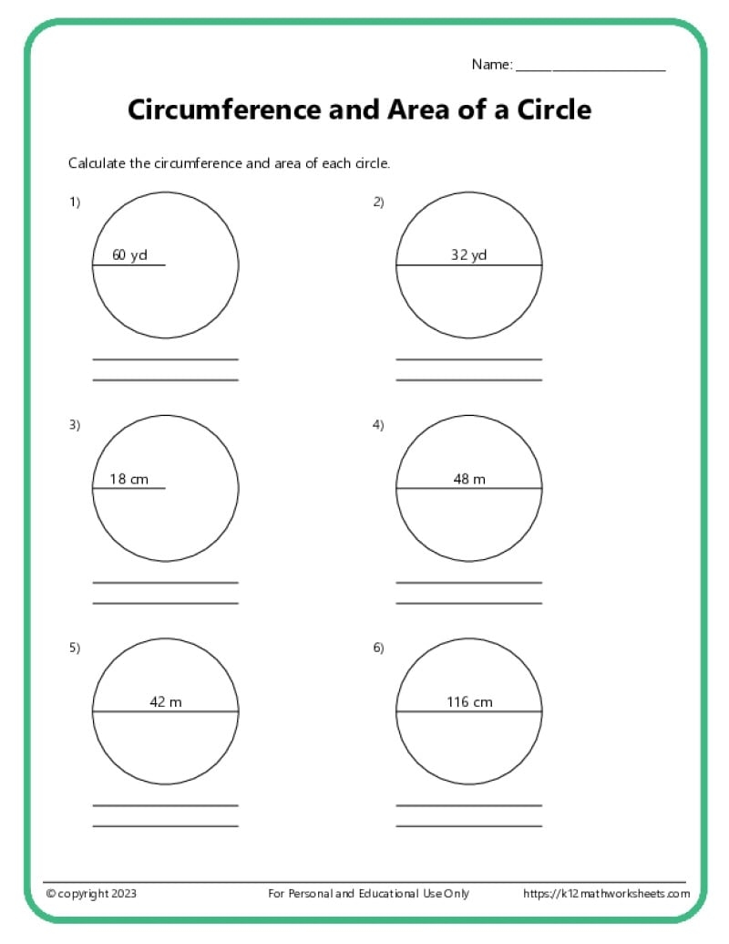 Area And Circumference Of Circles K12 Math Worksheets